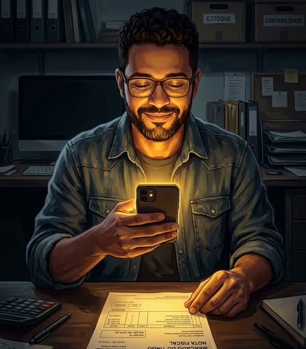 Comerciante fotografando uma nota fiscal com o Bemu