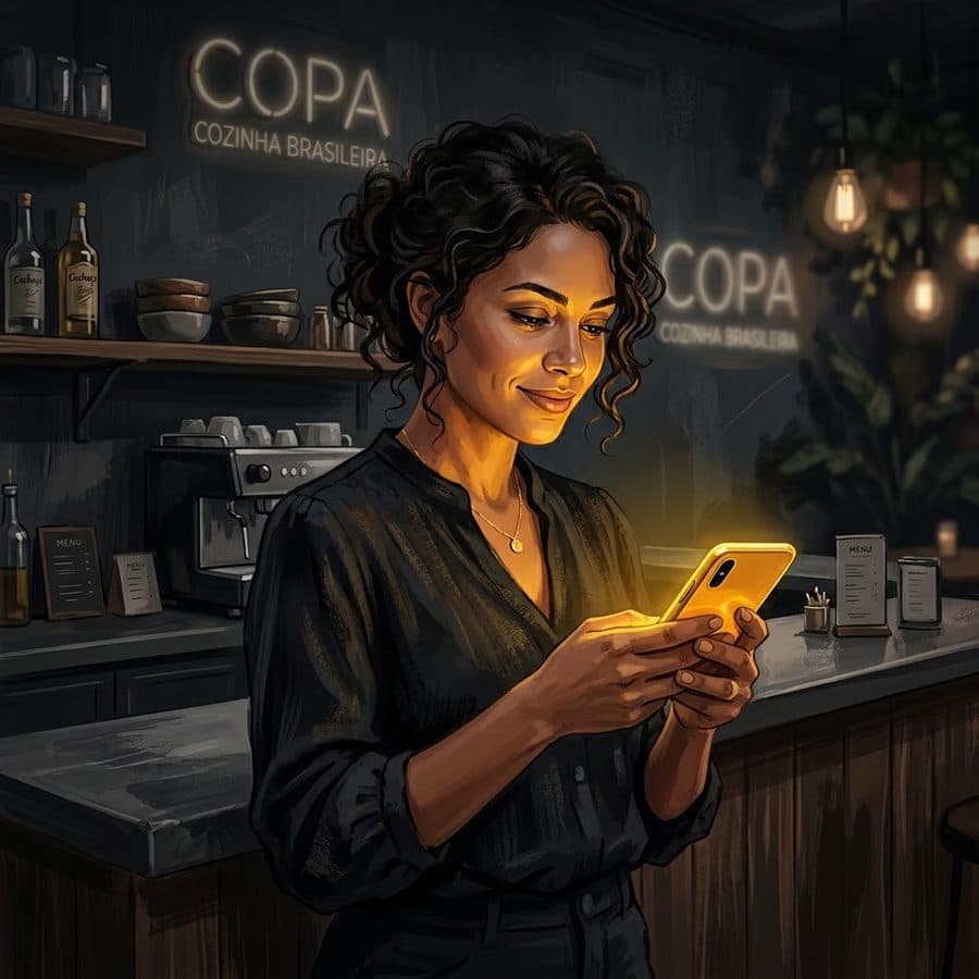 Dona de restaurante conferindo o Bemu no celular
